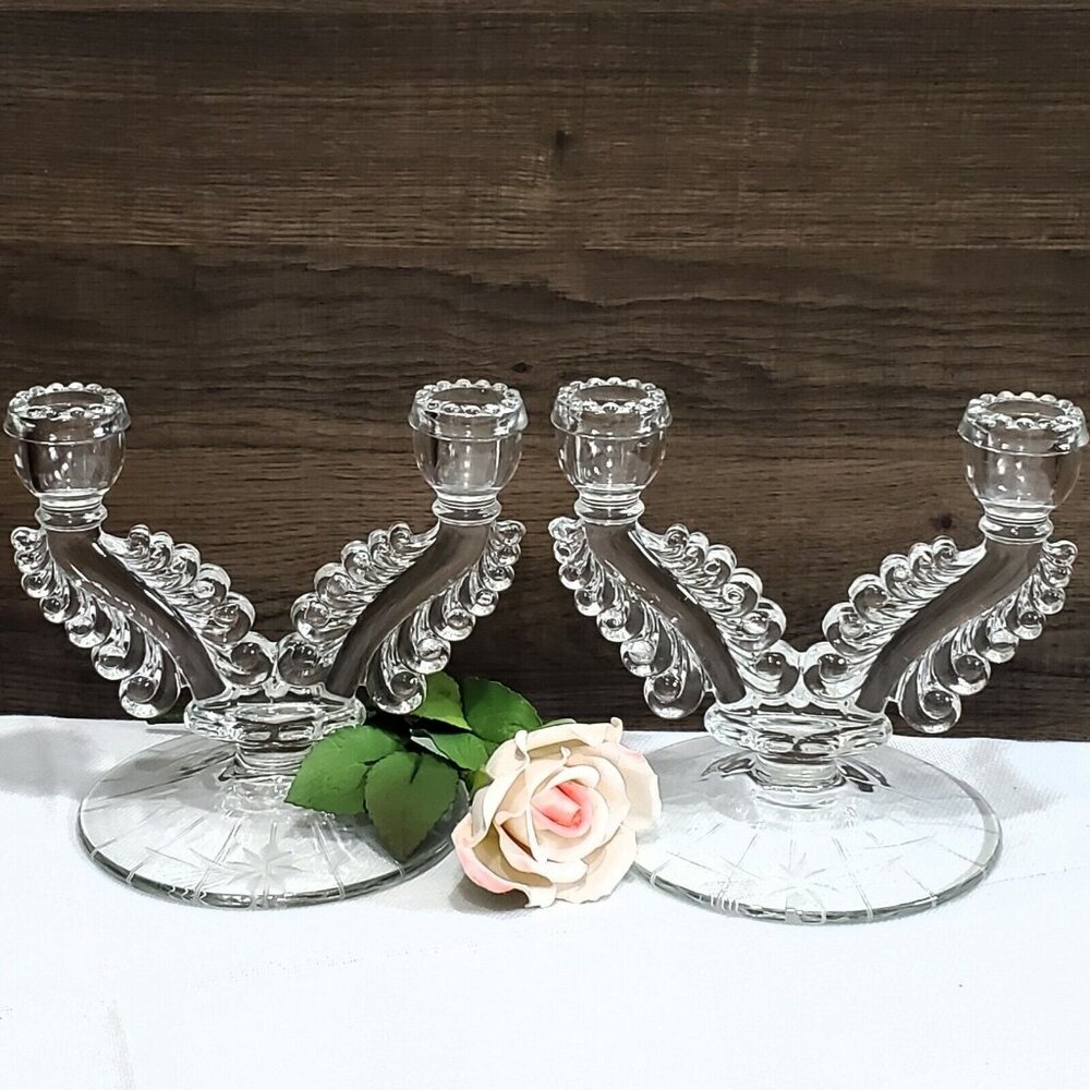 2 Etched Double Branch Candle Holder Susquehanna Glass 3848 candlestick vintage